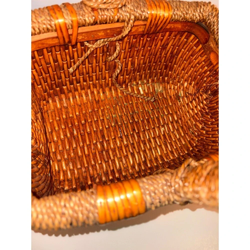 Vintage Woven Wicker Basket with Seagrass Wrapped Handle Rectangular Brown Decor